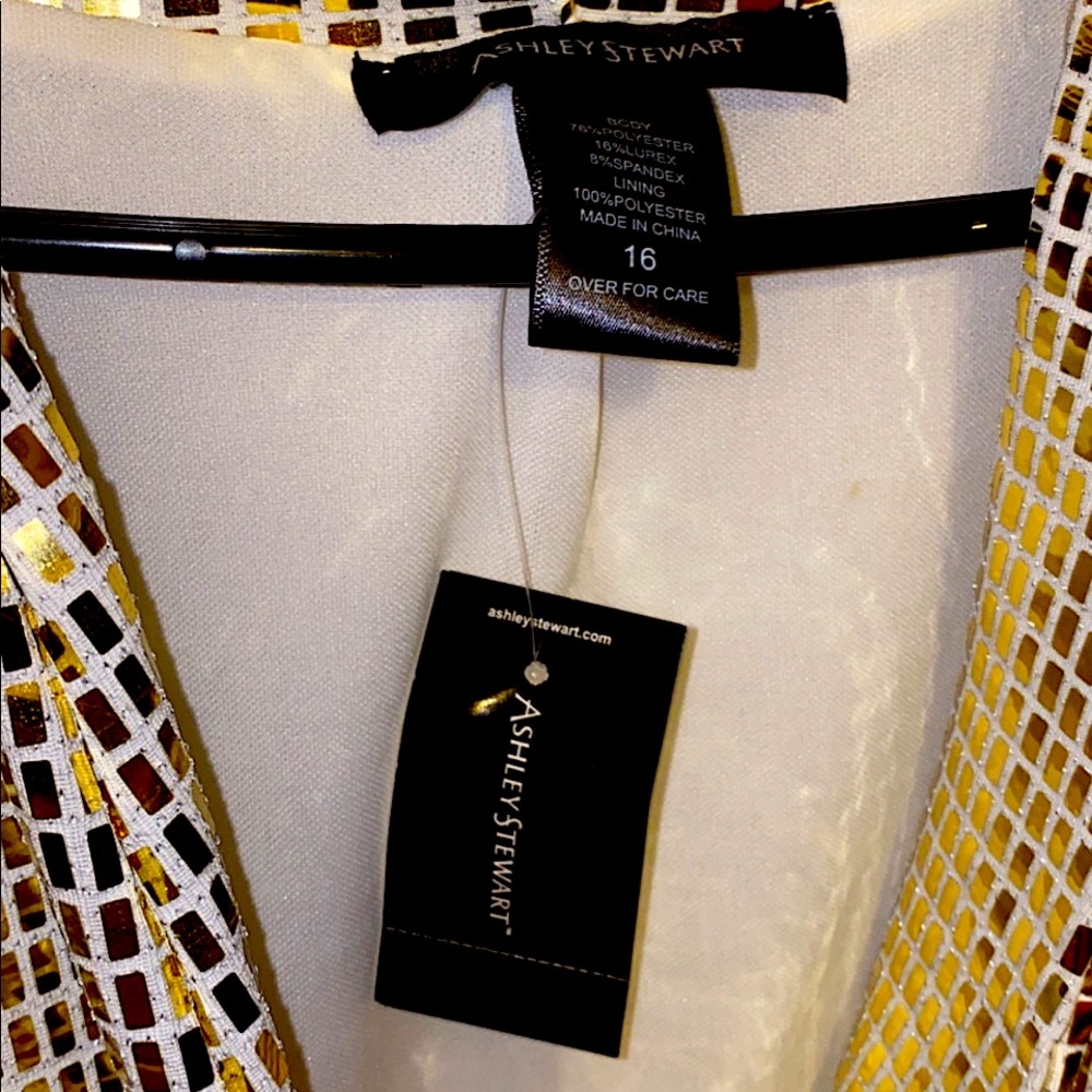 Ashley Stewart White and Gold Mesh Overlay Dress